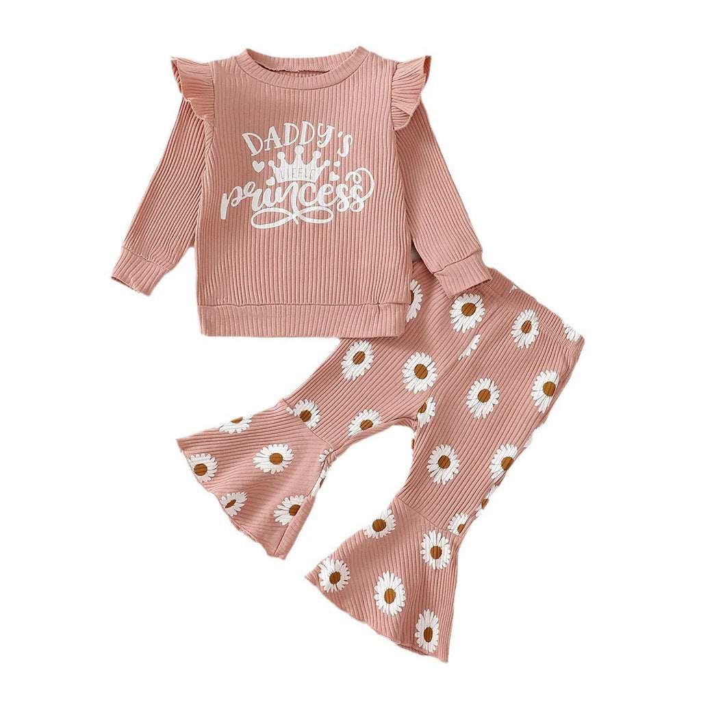 Baby girl cotton long sleeve sunken stripe top and flower print trousers two-piece set in pink