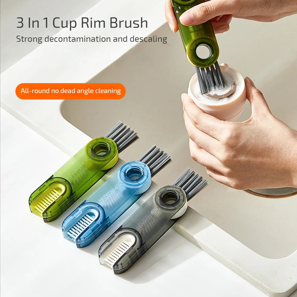 Versatile 3-in-1 bottle and cup cleaning brush set with spiral design, beveled corner brush, and soft sponge for thorough cleaning of hard-to-reach areas