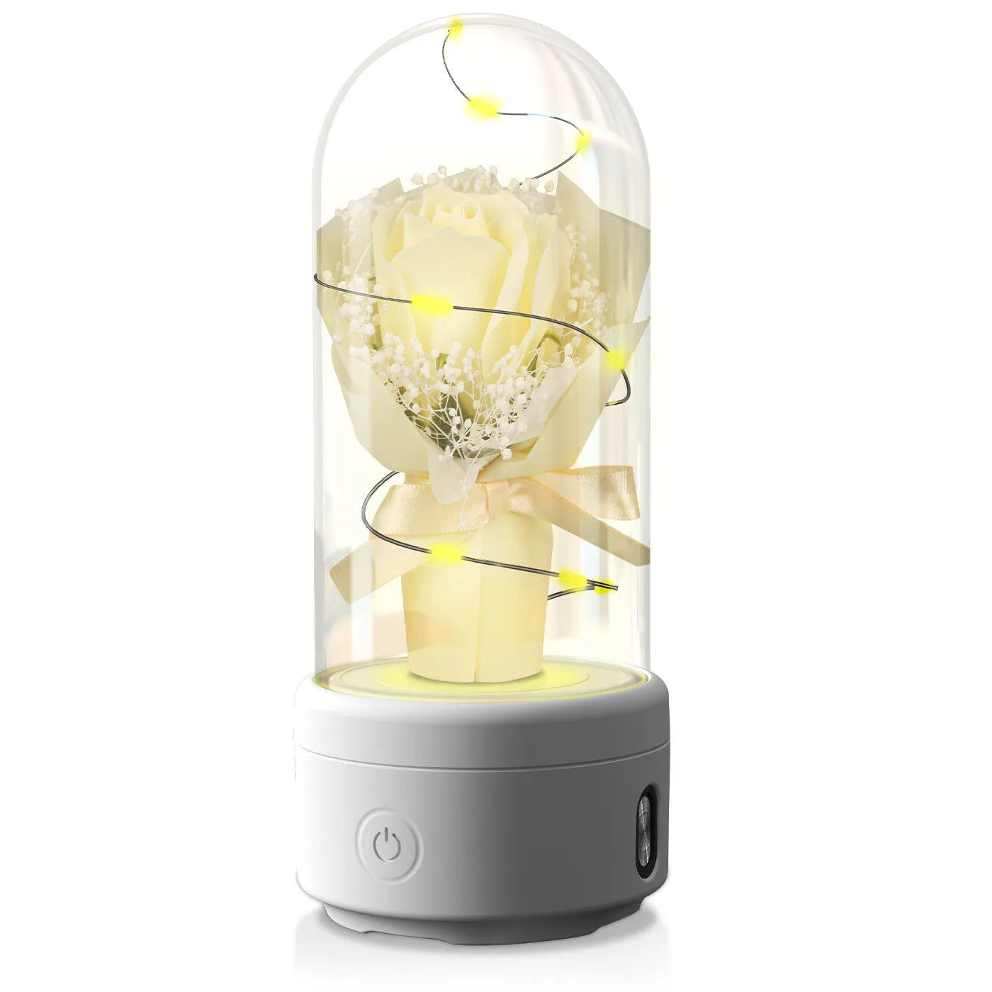 Rose-shaped LED bouquet night light with Bluetooth speaker enclosed in glass cover