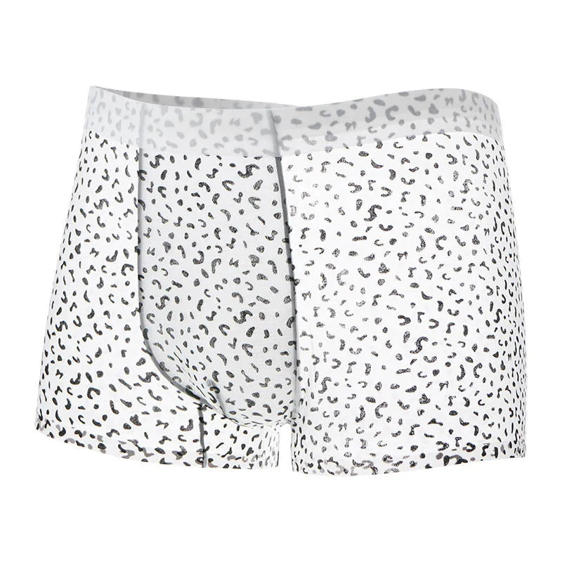 Men's black leopard print ice silk boxers showing mid-waist fit and knitted fabric texture.