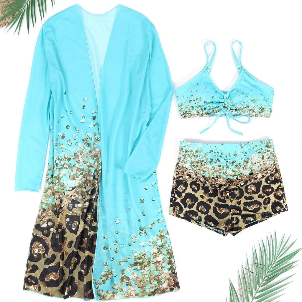 Women's three-piece swimsuit set with high waist shorts and matching coat in polyester fabric