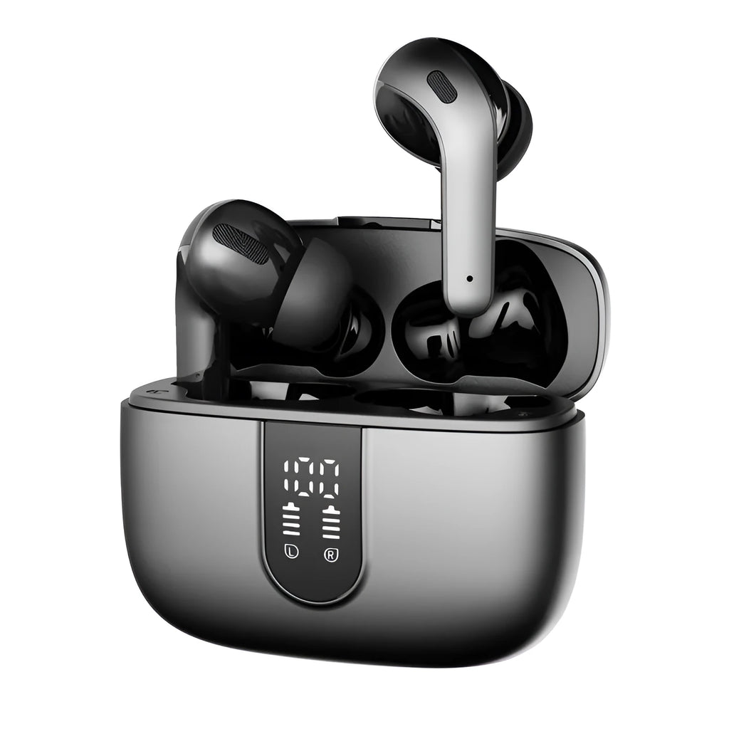 Jerry X08 wireless in-ear Bluetooth headset with digital display and USB charging case.
