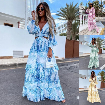 Women's V-neck long-sleeved chiffon dress with floral print in light blue