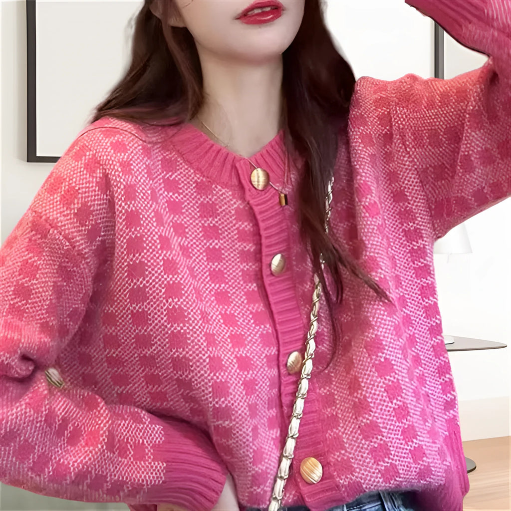 Women's plaid loose knitwear sweater coat cardigan in pink with button front and long sleeves