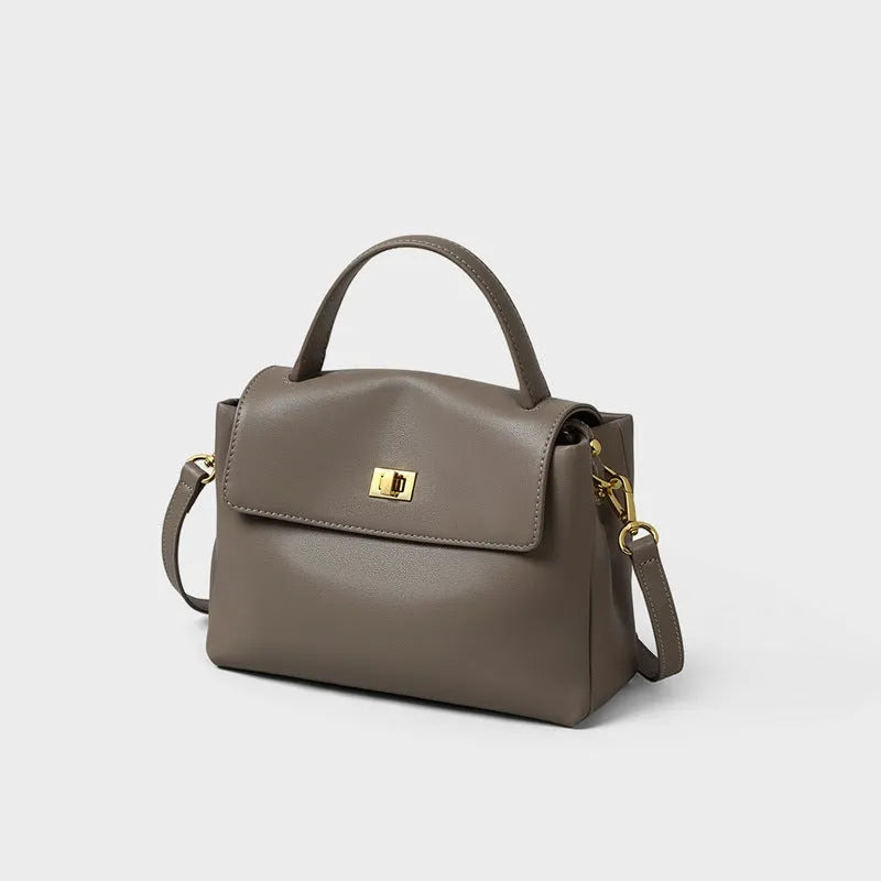 High-grade genuine leather women's bag in Gray Viney with lock and horizontal square shape for commuting