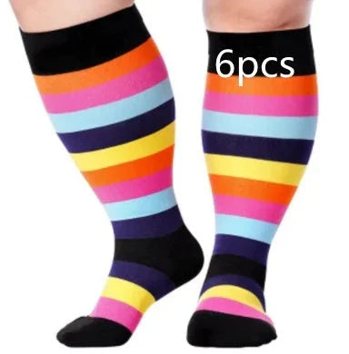 Plus-size compression socks in various stylish patterns for improved leg health and comfort