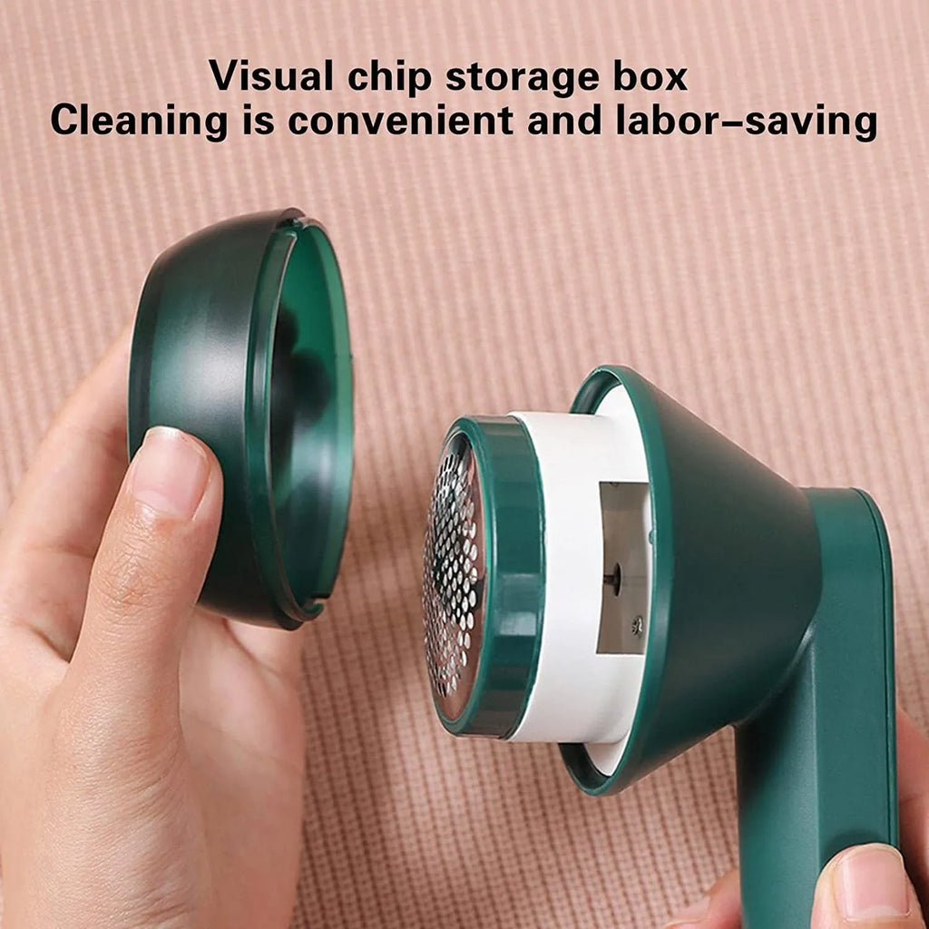 White or green USB rechargeable electric lint remover for clothing with removable lint collector container.