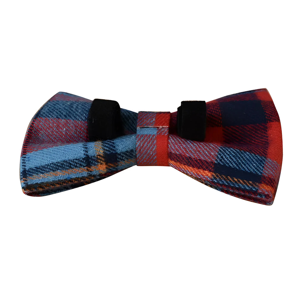 Blue background velvet plaid dog collar with alloy buckle and matching bow accessory