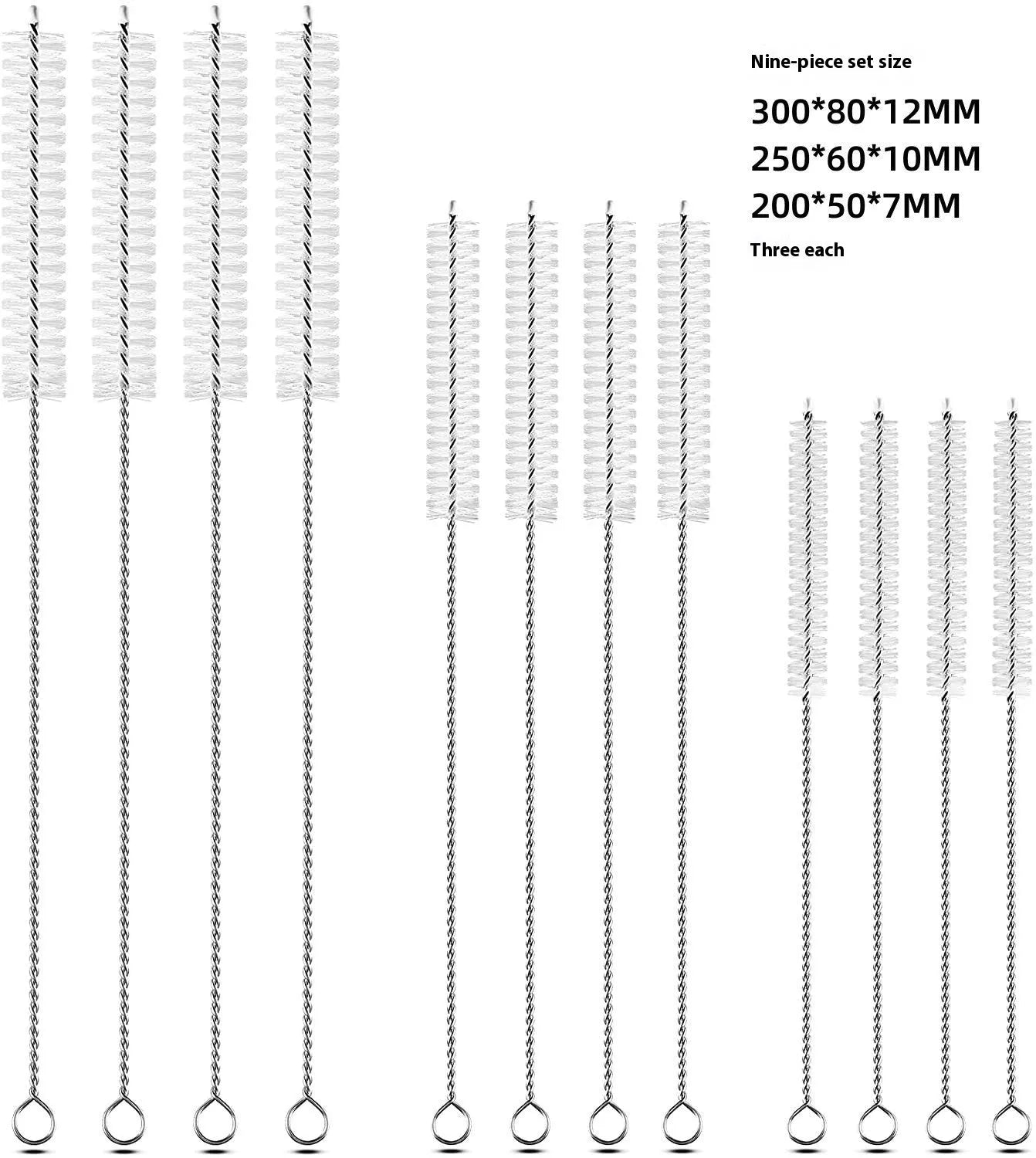 Set of nylon straw cleaning brushes with stainless steel handles in black and white colours