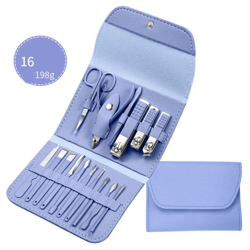 Professional Nail Care Set with stainless steel tools in a leather case