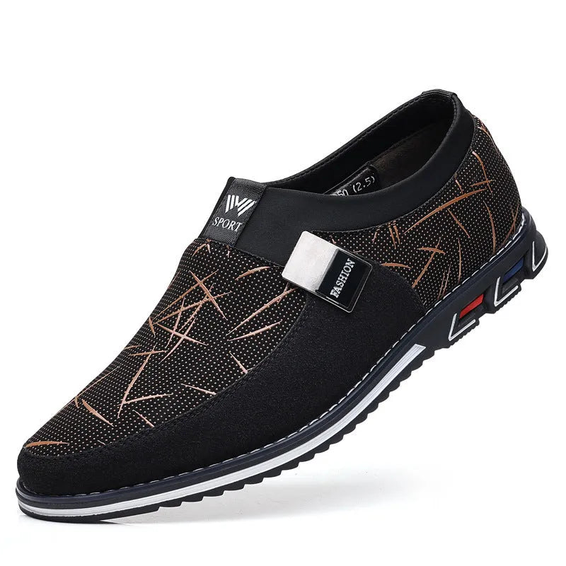 Men's black synthetic leather slip-on casual shoes with a square toe and flat rubber sole.