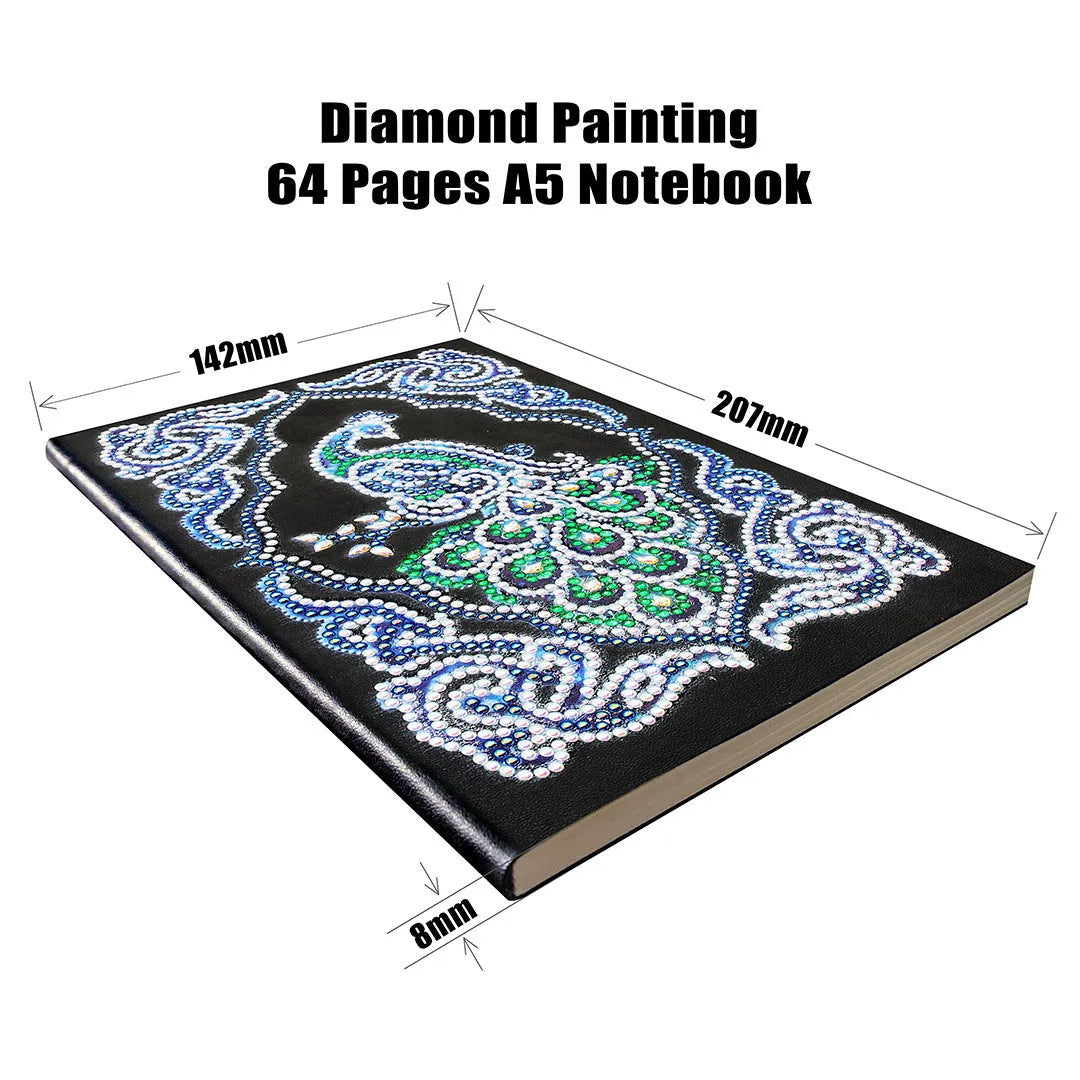 Black A5 diamond painting notebook with peacock design using shaped and bright drills.