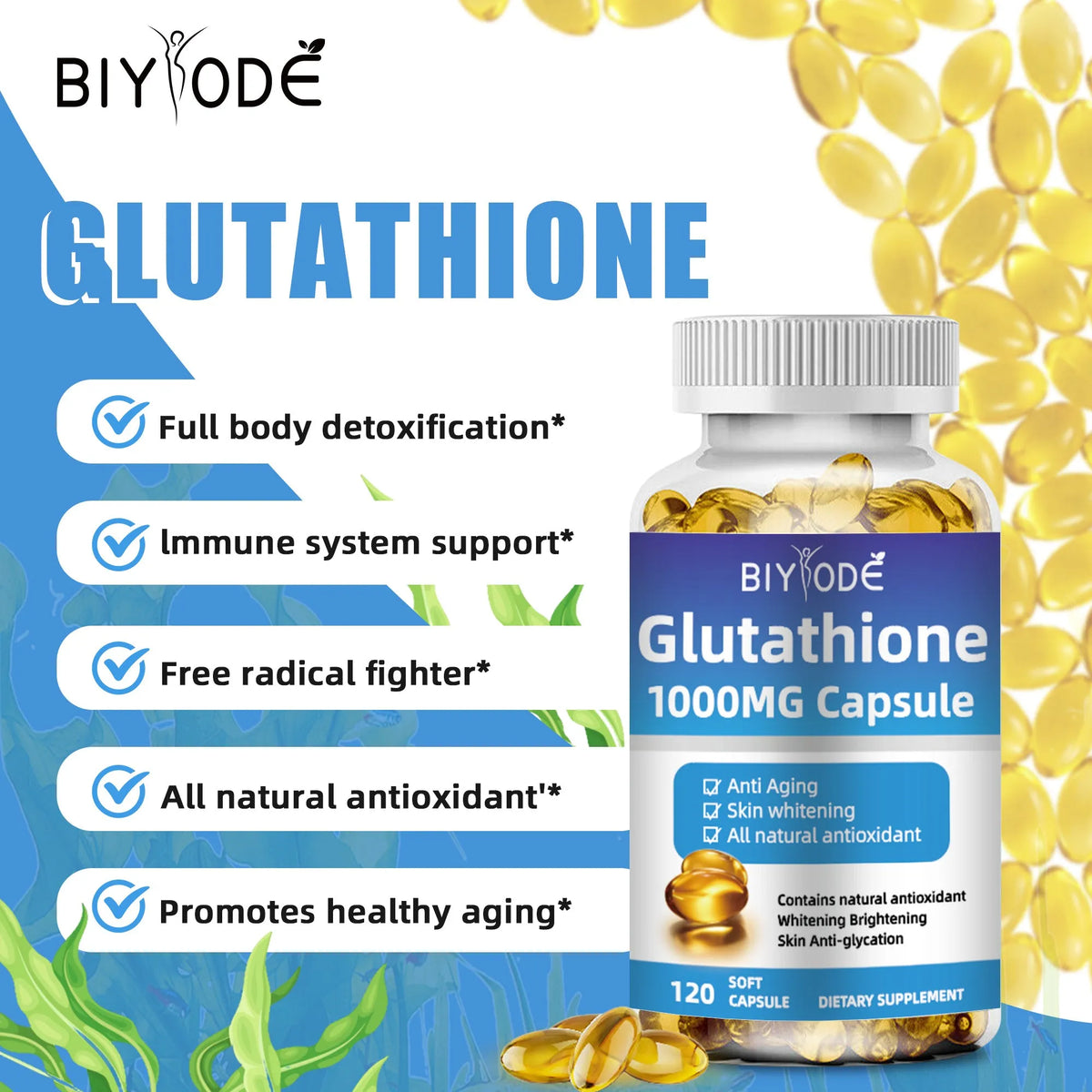 Bottle of Biyode L-Glutathione softgels skin care supplement 120 capsules