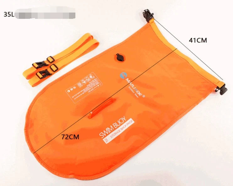 Double Airbag Swimming Buoy with detachable shoulder strap and waterproof backpack in fluorescent orange