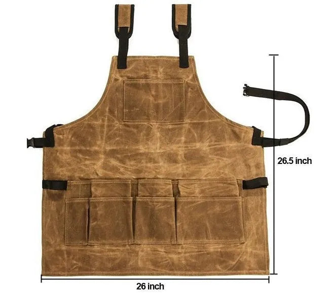 Yellow leather webbing work apron with multiple tool pockets and adjustable straps
