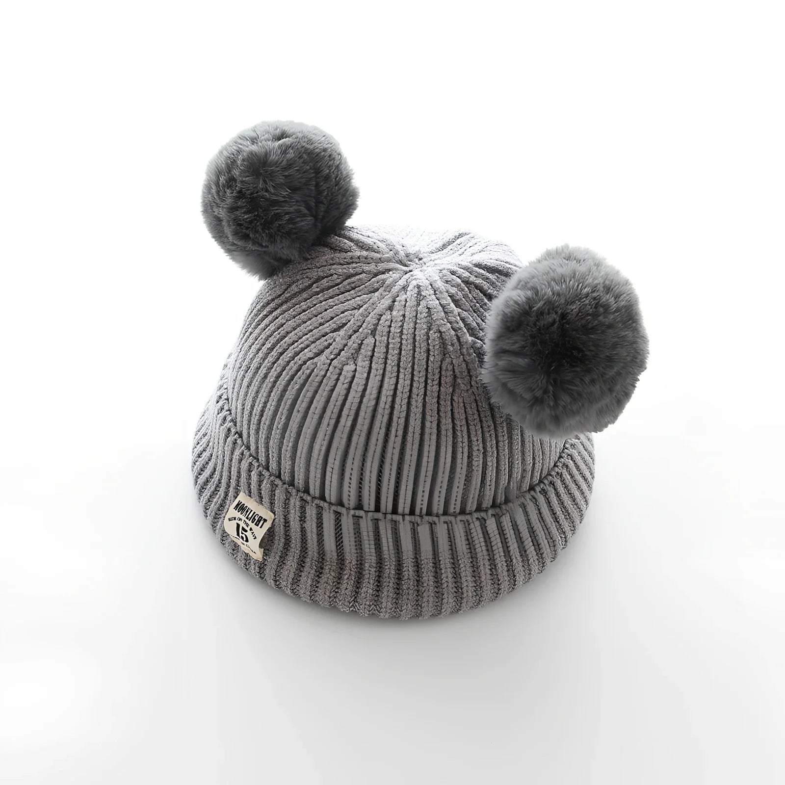 Crocheted baby wool cap in beige with soft 5 cm plush ball, high top style for 6 months-3 years winter warmth, flanged edge for secure fit