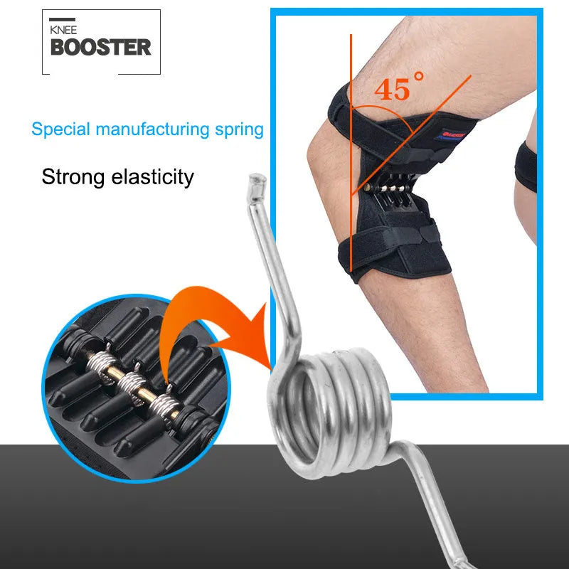 Adjustable spring knee brace support for mountaineering and sports activities.