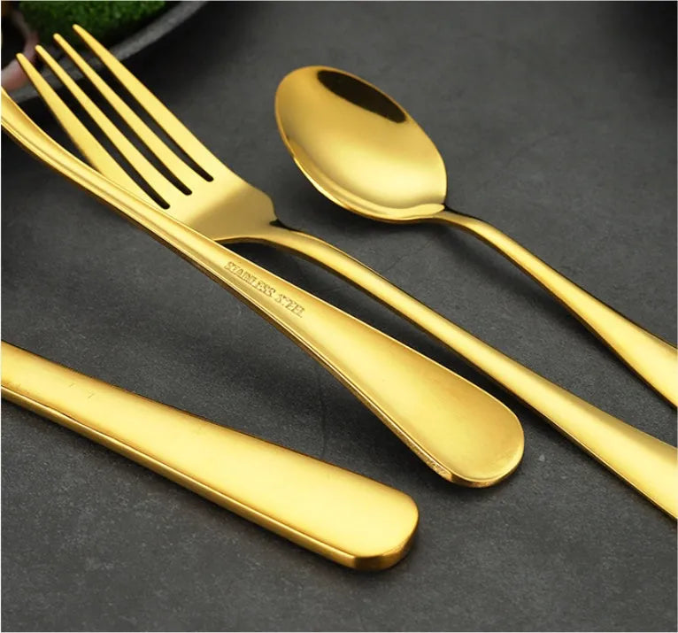 24-piece stainless steel tableware set including knives, forks and spoons in various colour options