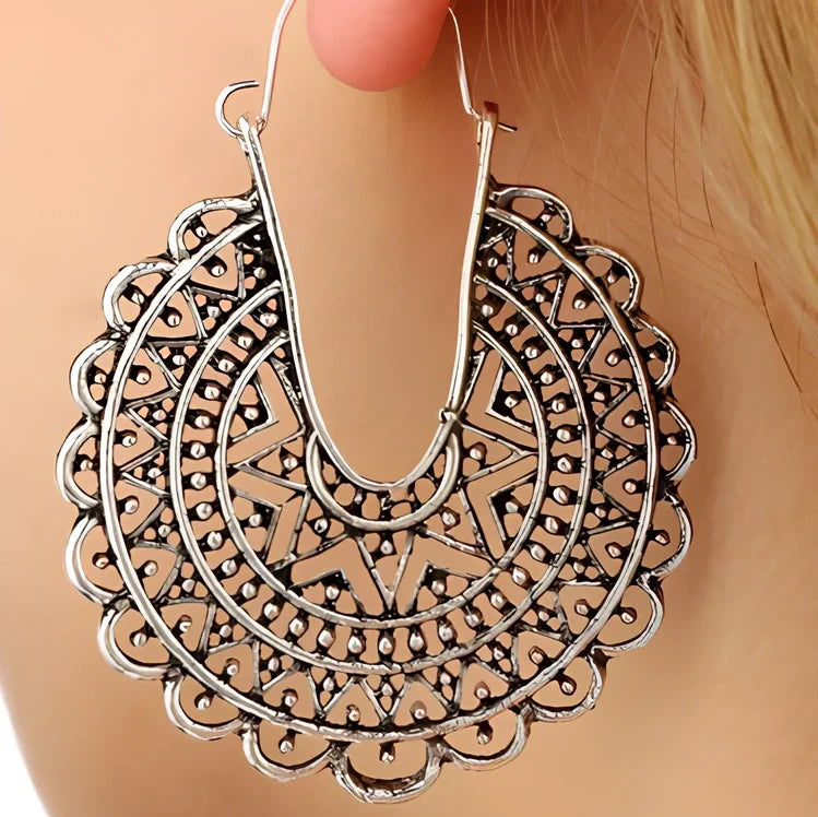 Pair of bohemian ethnic alloy earrings with 5cm geometric plated design for women's fashion