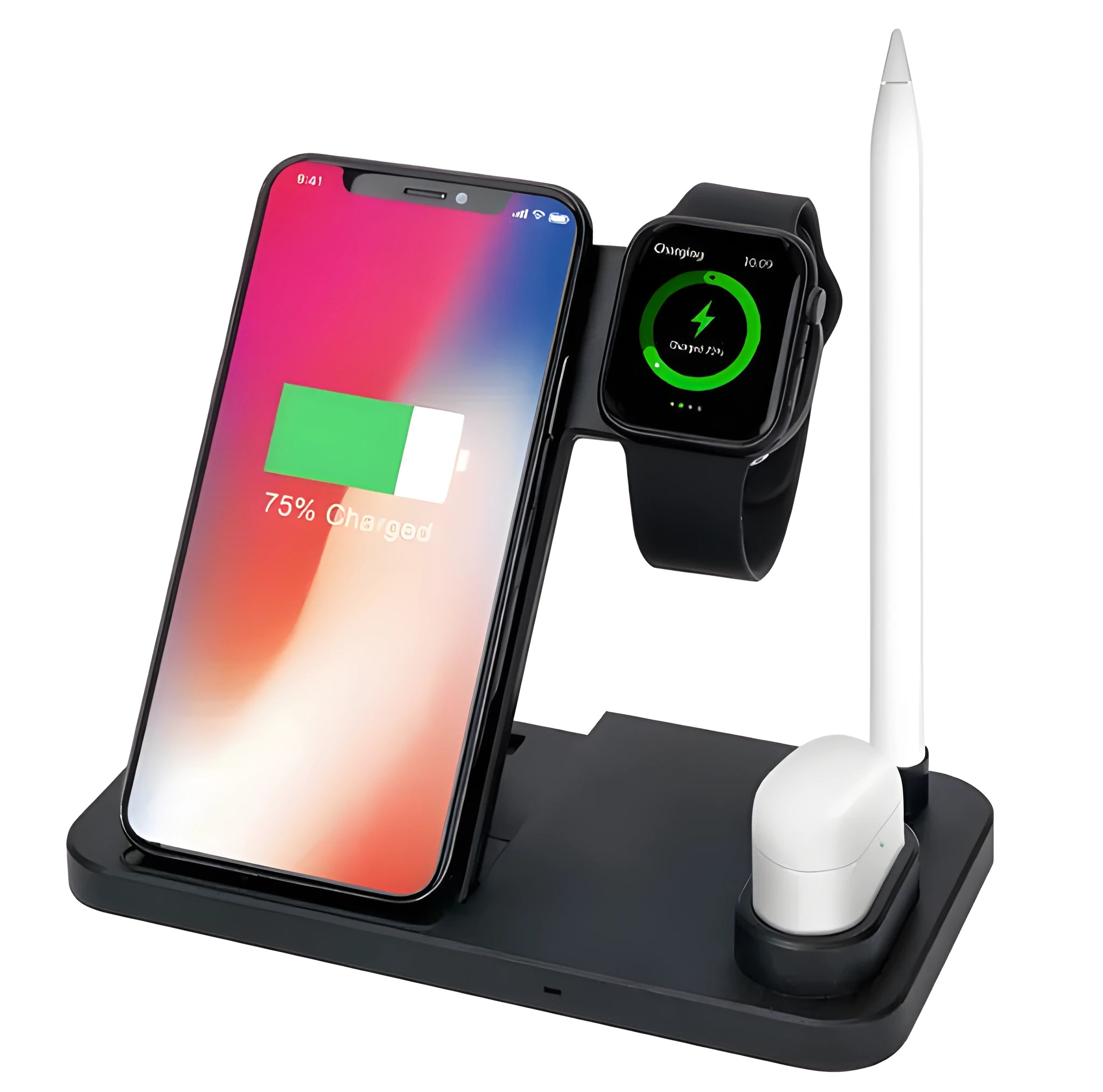Black 4-in-1 wireless charging station showing phone on adjustable stand, with Apple Watch and AirPods charging on the base.