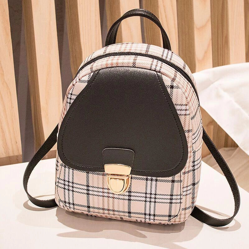 Ladies plaid small backpack in various colors, showing front and side views