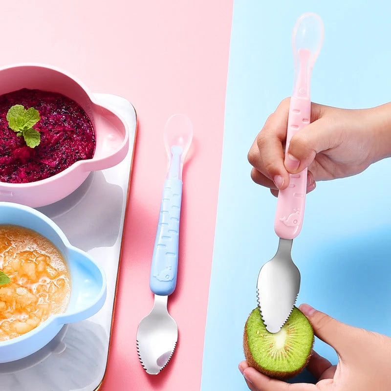 Baby Fruit Double-headed Mud Scraping Spoon in stainless steel with colorful options