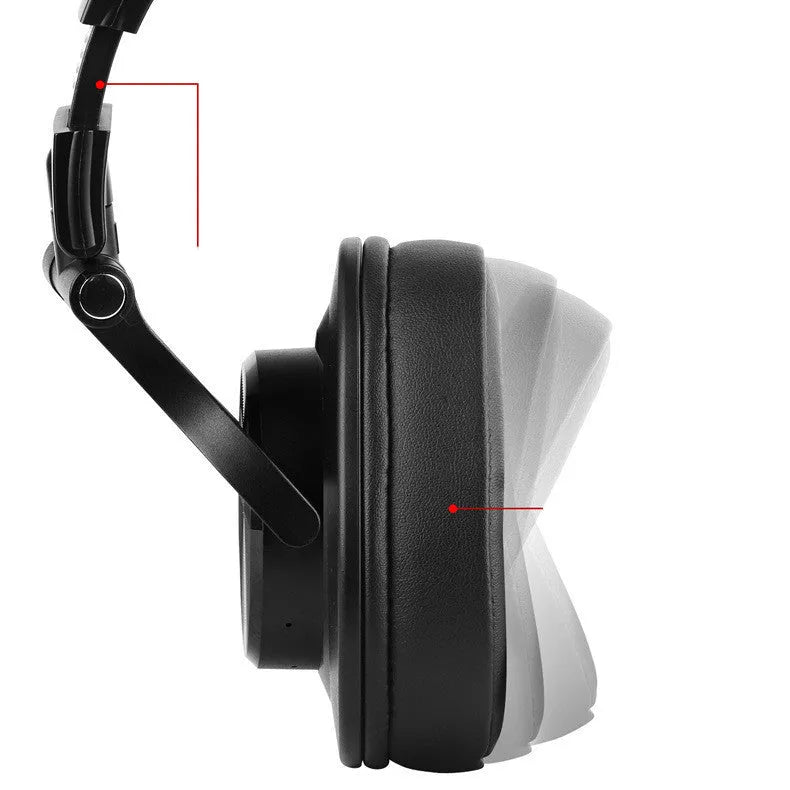 Head-mounted wireless Bluetooth monitor headset in black with 40mm speaker and coiled audio cable