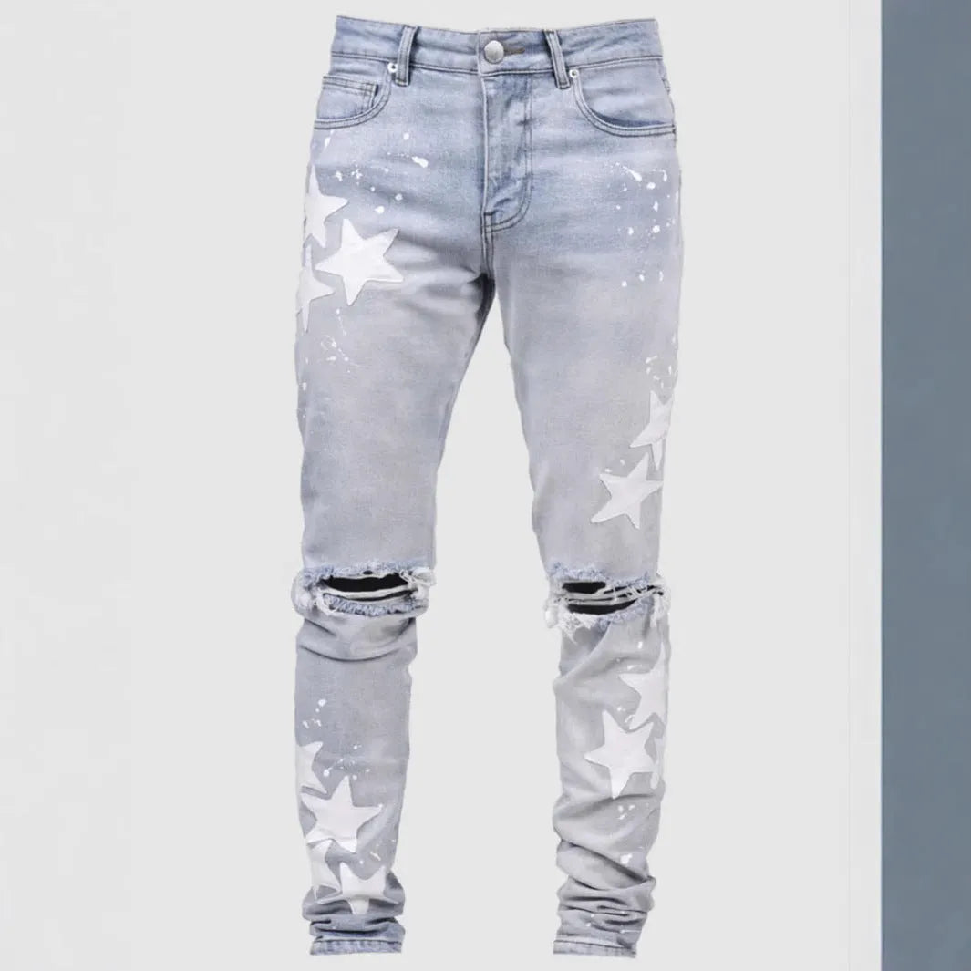 Men's slim stretch blue jeans with embroidery detailing on denim fabric