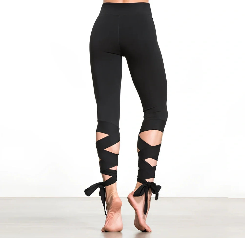 Women's black 92% polyester yoga leggings in size M, bandage style for fitness and dance, Asian S-XL sizing