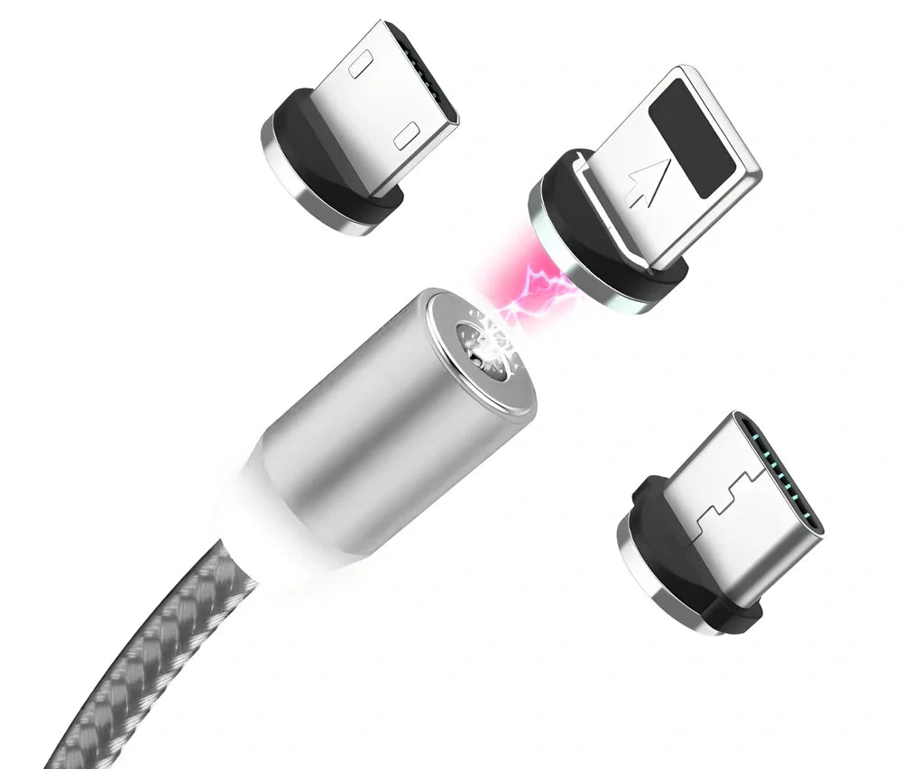 YBD 1m black magnetic LED charging cable with three-in-one plugs for iPhone and Android, showing N52 magnet connection