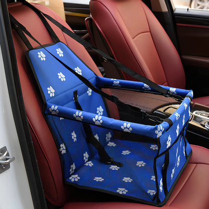 Waterproof pet car mat with headrest straps installed in vehicle, showing storage compartment and dimensions 400x300mm