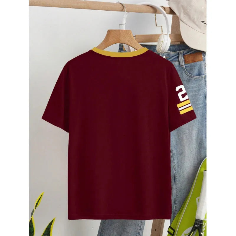 Cotton casual t-shirt with digital letter printing in red or green colour, loose fit short sleeve design