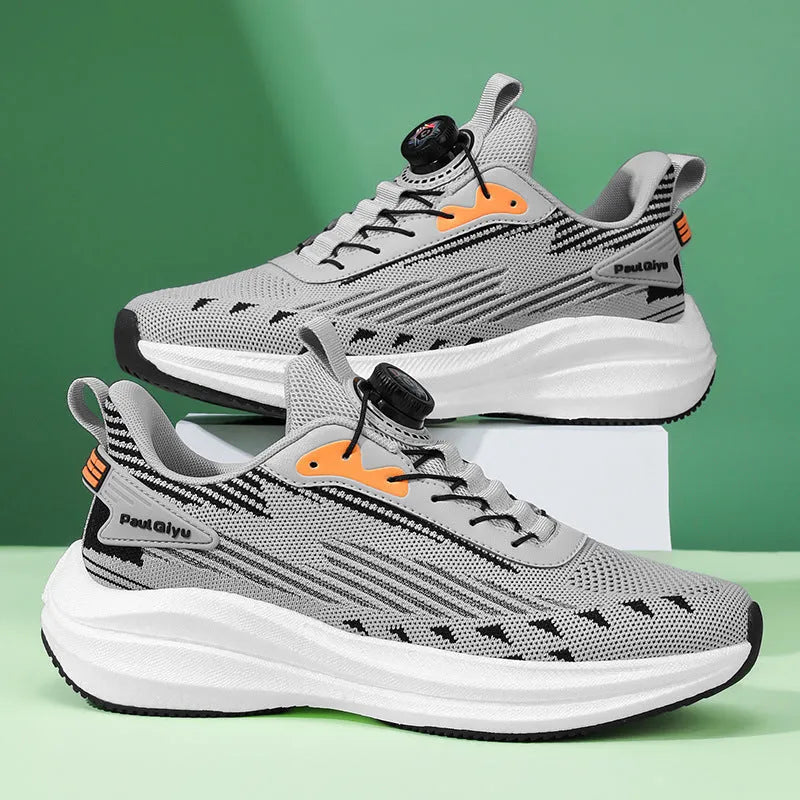 Men's white-green and grey fly-kit mesh running shoes with a rotating buckle lace-up and flat heel