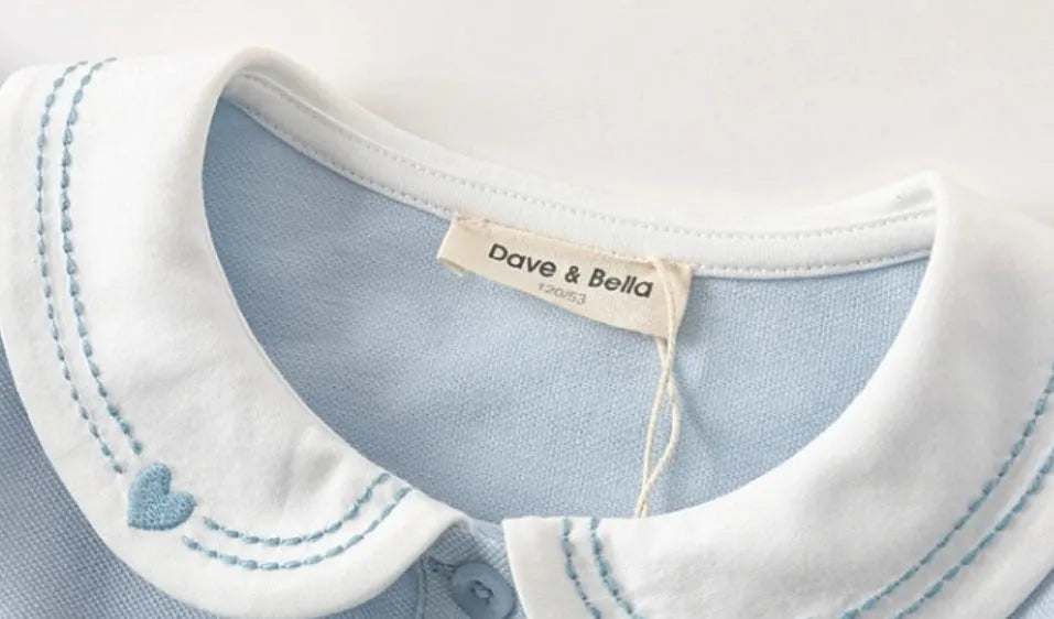 Blue girls polo dress in A-line style for summer, child sizes 110cm to 160cm, front view