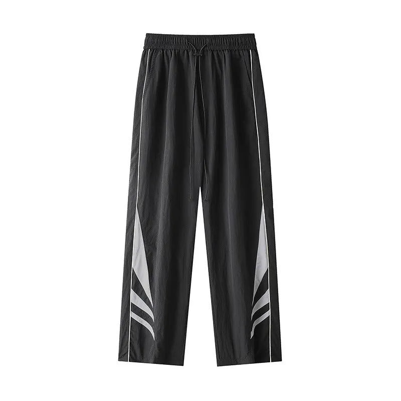 Men's black straight leg plus size casual sports trousers on a hanger.