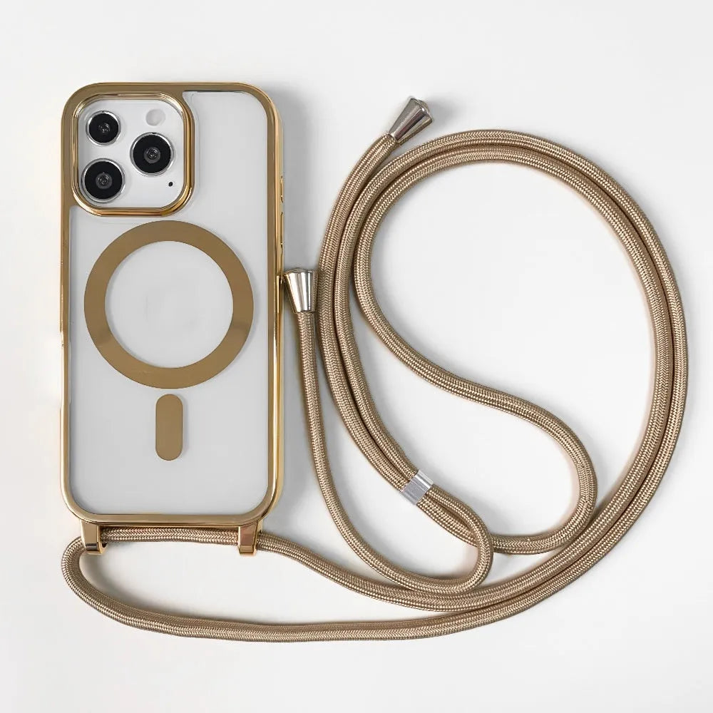 Transparent magnetic lanyard phone case for iPhone with black lanyard, TPU shockproof material, electroplating finish