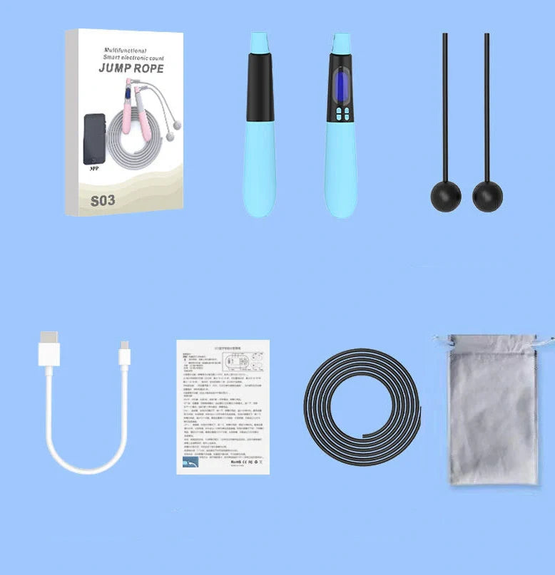 Blue cordless electronic skipping rope with Bluetooth handles and 3m wire