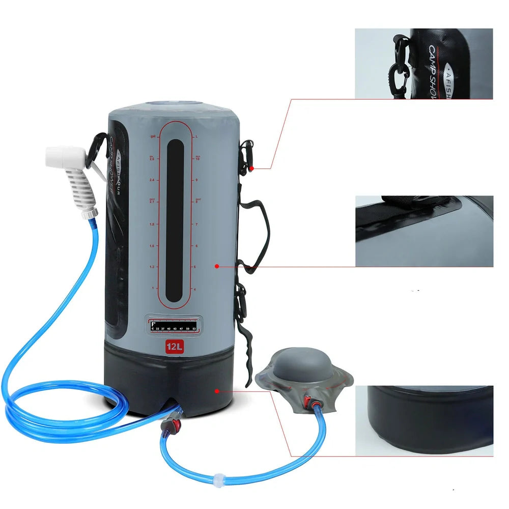 Grey 12L PVC solar shower bag measuring 43cm tall with 17cm diameter for outdoor camping