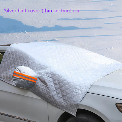 Silver magnetic windshield cover showing aluminium foil coating and edge magnets for vehicle protection