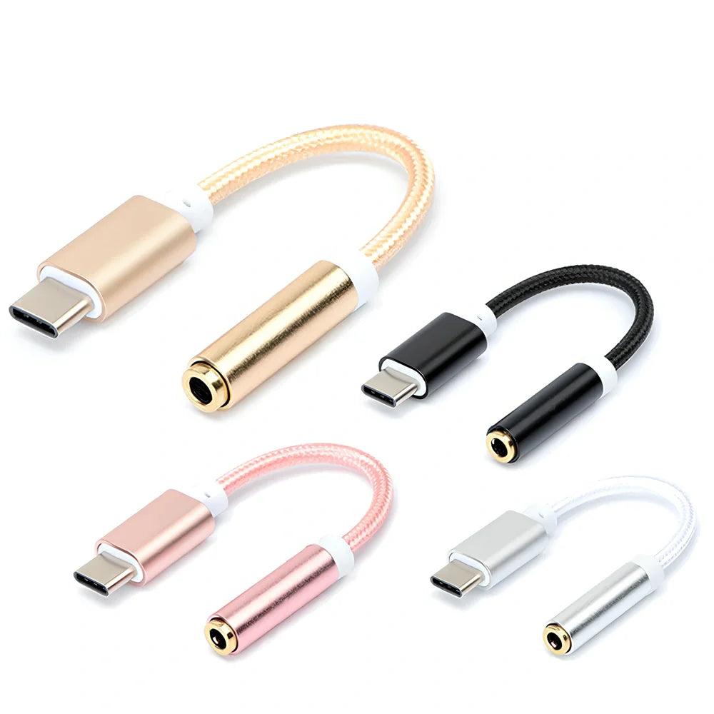 Black woven Type-C to 3.5mm audio adapter cable, 12cm length, 5g weight for mobile headphone connection