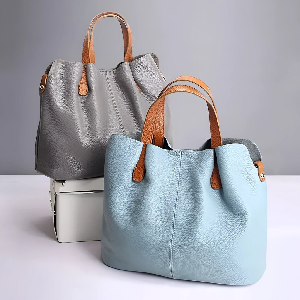 Genuine cowhide leather vertical square tote bag for women, 33cm length, available in five colours including Flax Blue and black