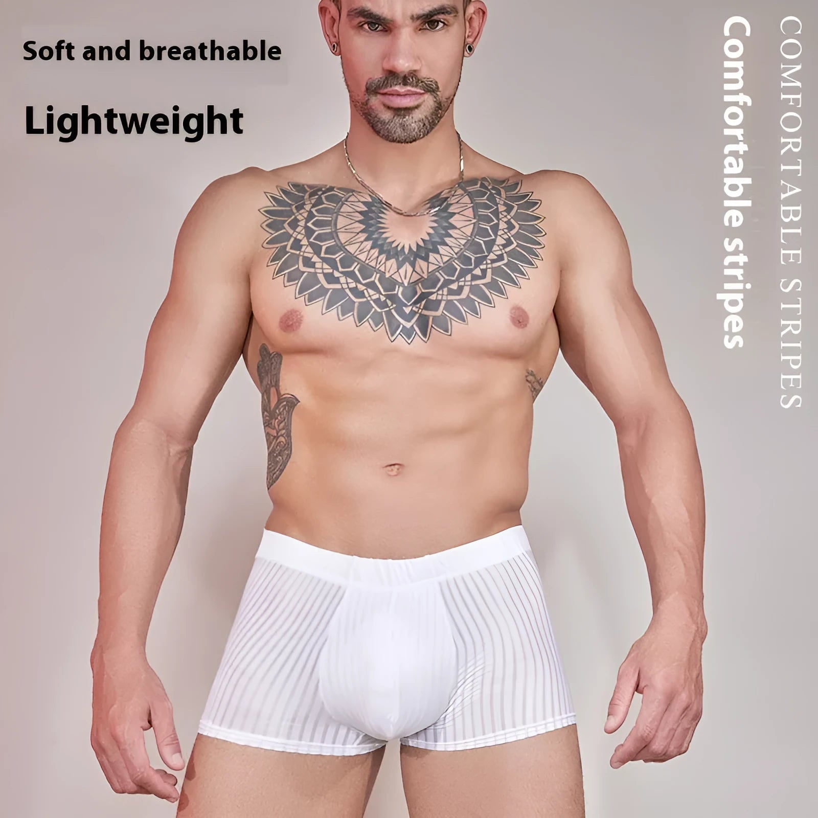 Men's thin transparent striped nylon briefs in black, dark grey and white colours.