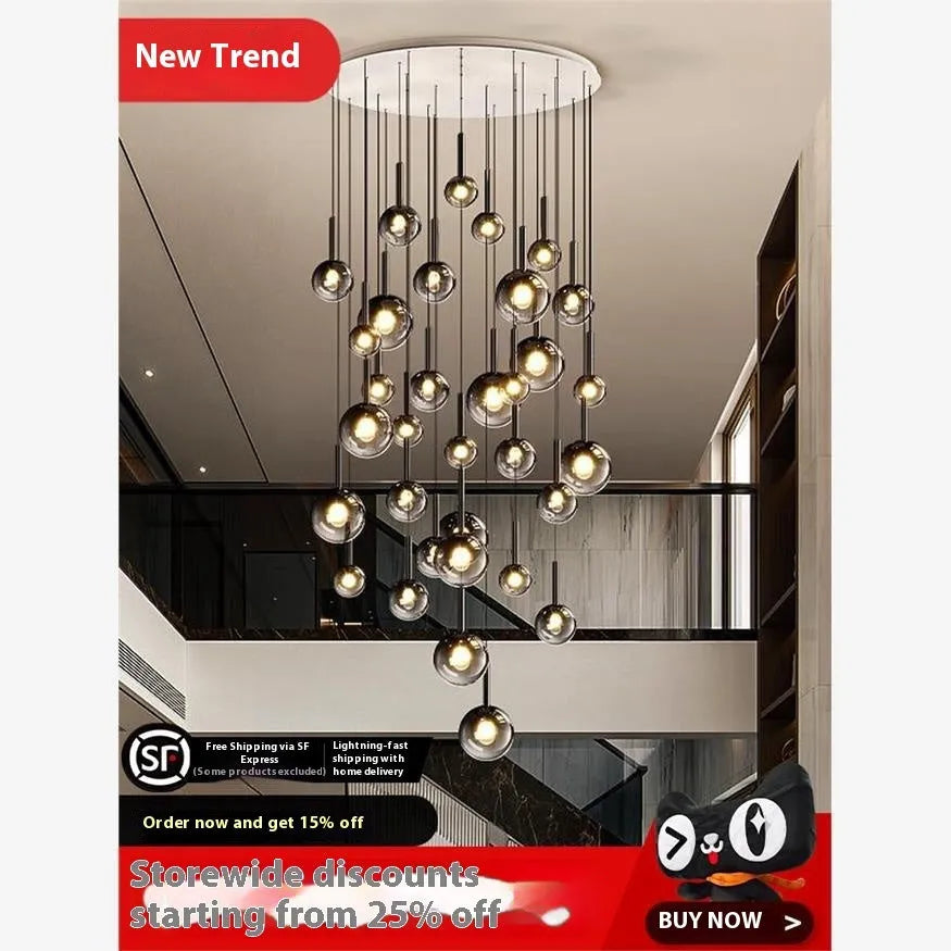 High-grade glass chandelier three-head rotating staircase long ceiling light shiny black finish LED three colour white light