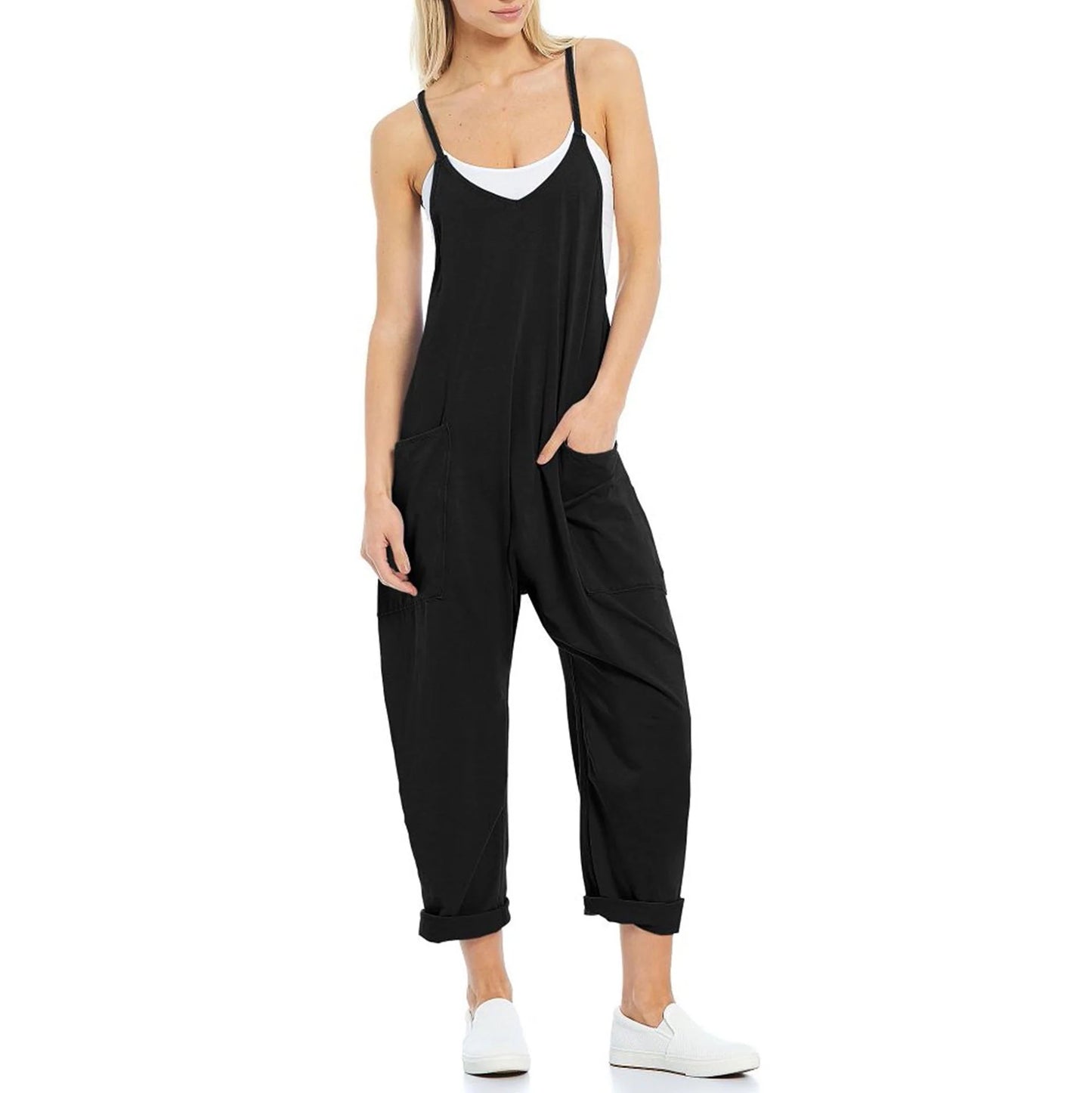 Women's knitted one-piece trousers with pockets and spaghetti straps in various colours