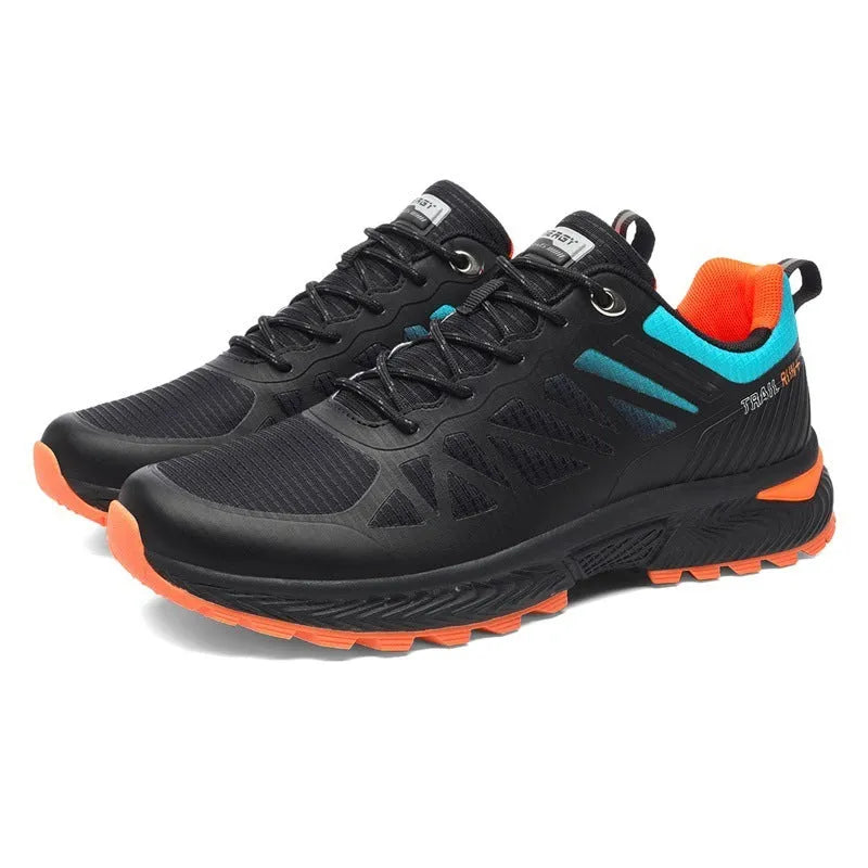 Men's black and grey breathable mesh running shoes with lace-up front and rubber sole.