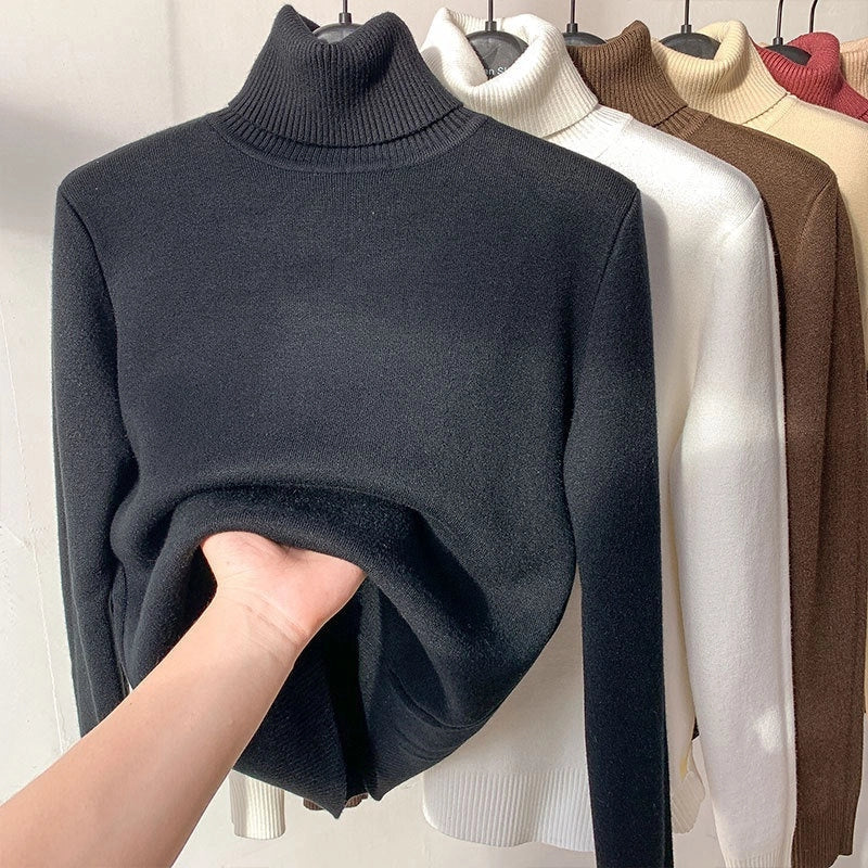 Women's turtle neck winter sweater in various colours, showcasing plush thickening and slim fit