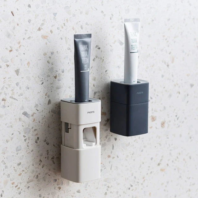 Wall-mounted automatic toothpaste dispenser with self-adhesive, dust-proof design for hands-free convenience