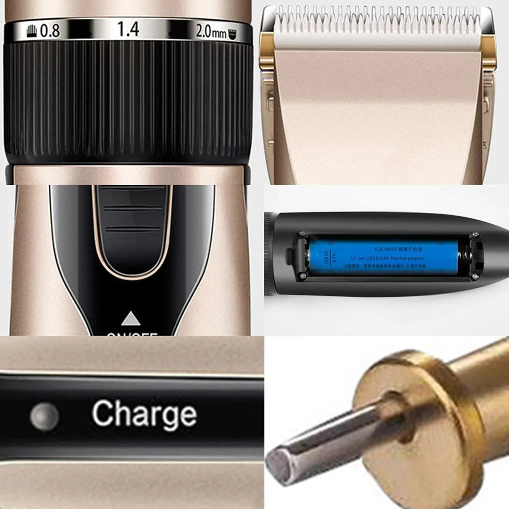 Golden professional pet grooming kit with cordless clippers, four comb attachments, nail clippers, and cleaning brush