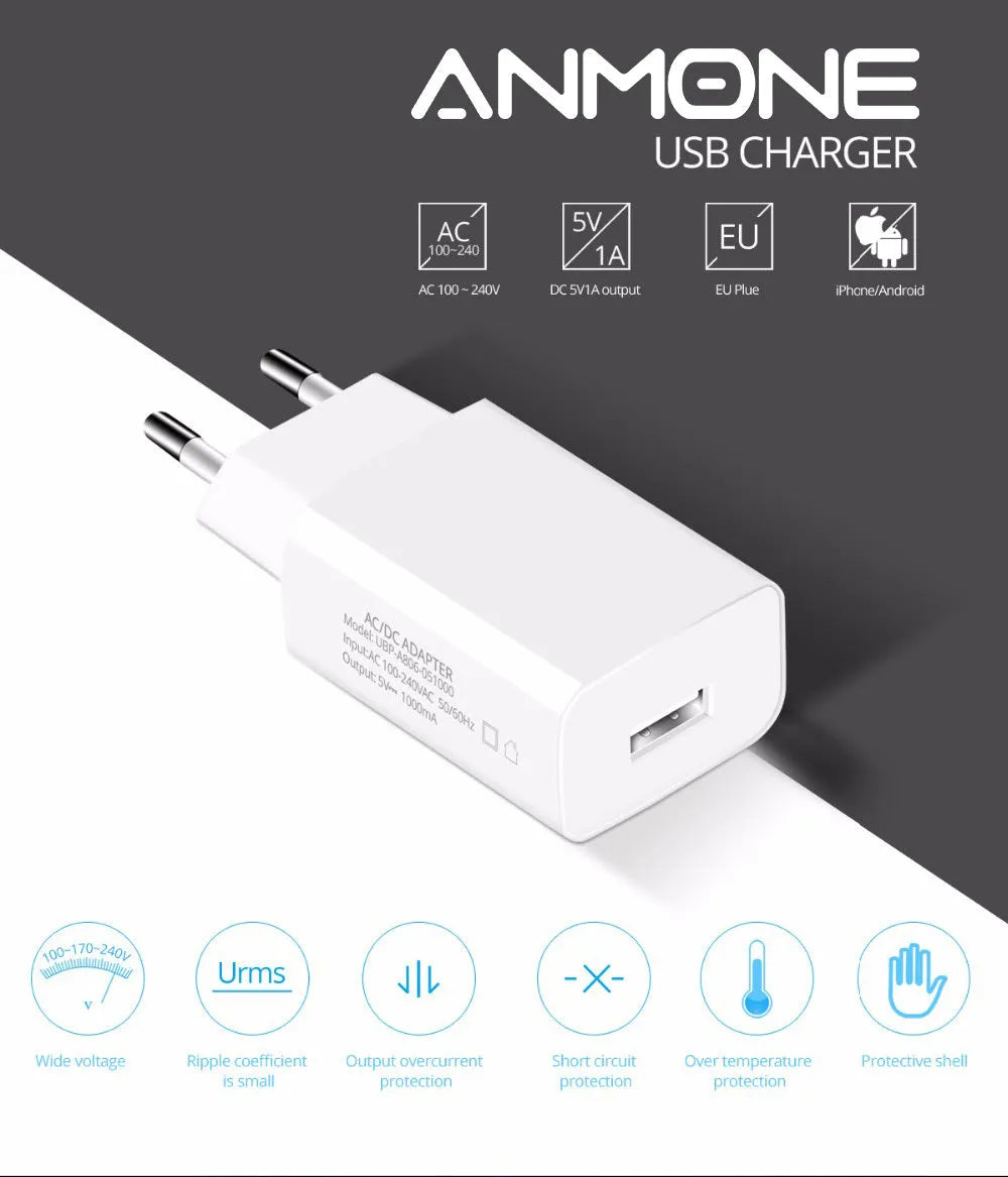 White household 5V 1000mA European standard USB charger with direct charge output
