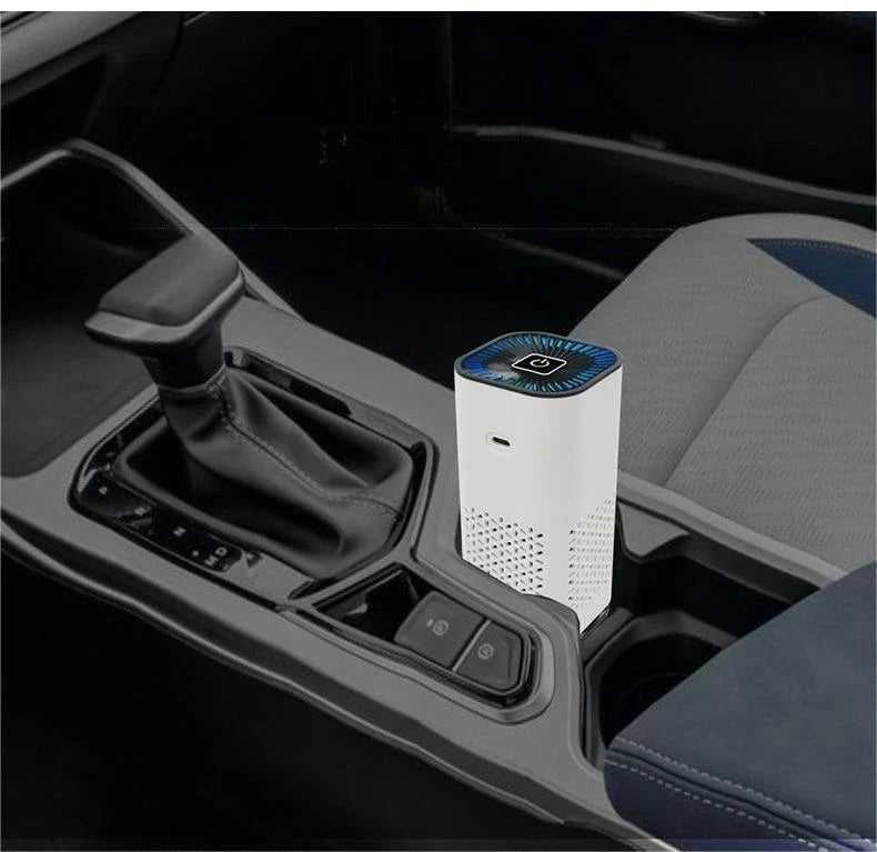 Compact car air purifier with negative ion technology for removing dust, pollen, pet dander, and smoke from vehicle's interior